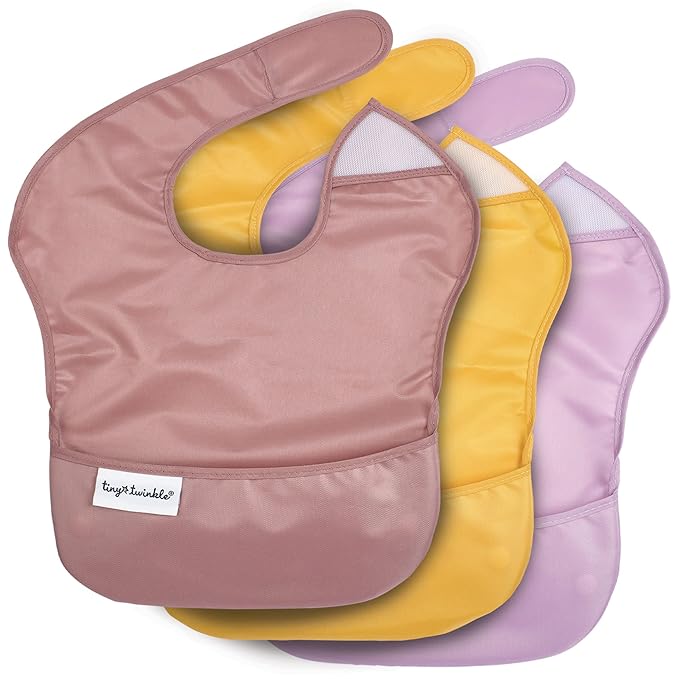 Tiny Twinkle Mess Proof Baby Bibs for Eating – Waterproof, Wipeable Toddler Bibs with Pocket – Baby Food Bibs for Girls & Boys(3 Pack,Sage,Taupe, Dandelion)