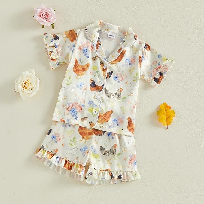 Kuriozud Toddler Baby Girl Pajamas Set Summer Floral Short Sleeve Button Down - Image 5