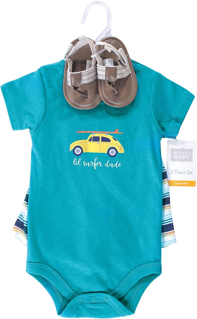 Hudson Baby Unisex Baby Cotton Bodysuit, Shorts and Shoe Set - Image 2
