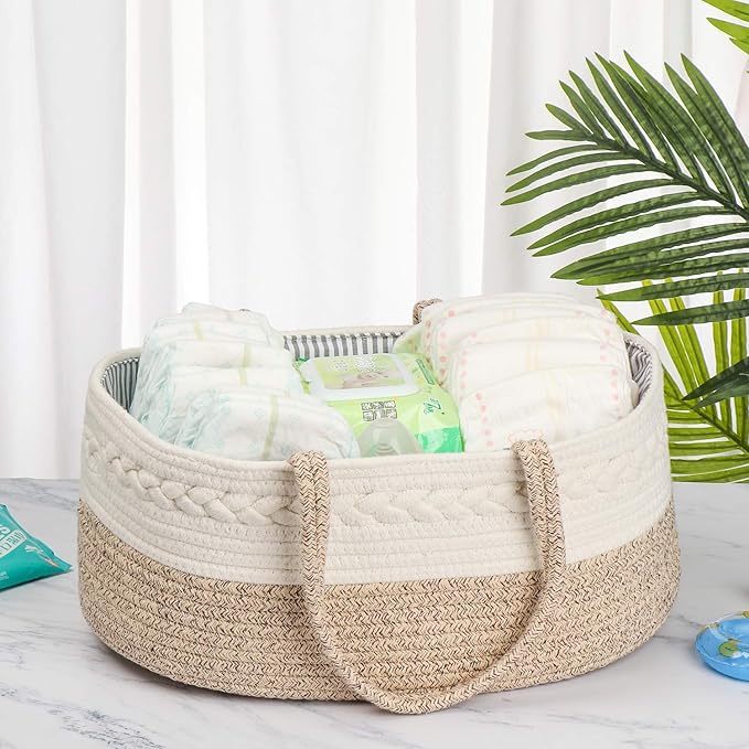 Baby Diaper Caddy Organizer -100% Cotton Baby Basket Bin with Removable Divider -Portable Tote Bag Storage Basket for Boy & Girl Nursery Organization (White & Yellow Variegated)