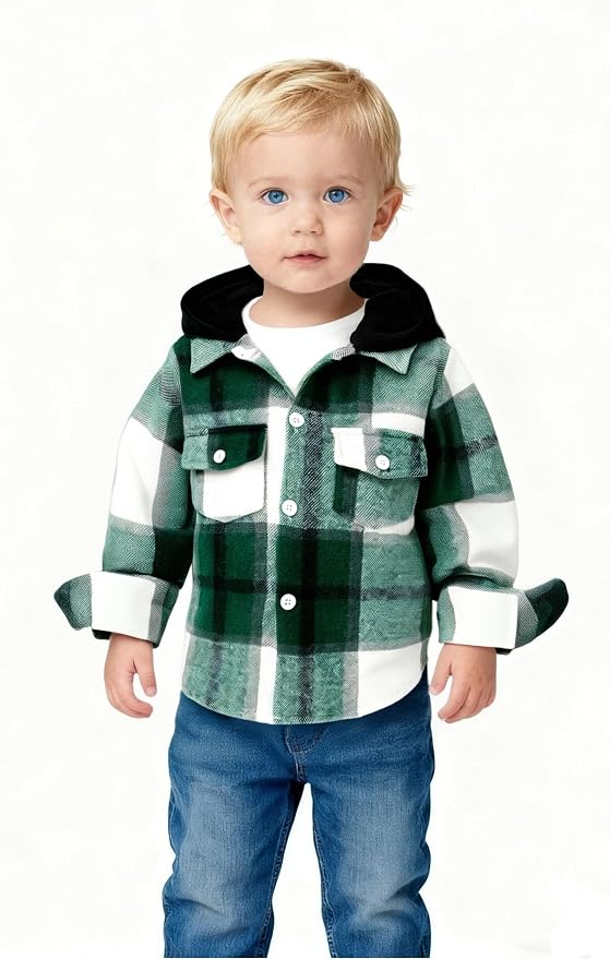 YOUNGER STAR Toddler Kids Boys Girls Flannel Hooded Plaid Shirt Button Baby Red - Image 2