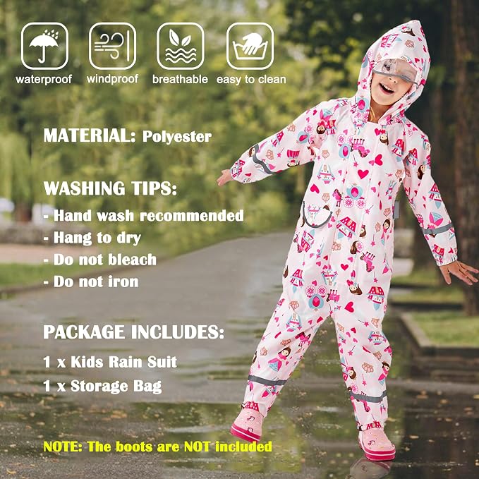Fewlby Kids Toddler Rain Suit for Boys Girls One Piece Hoodie Zipper Cartoon - Image 3