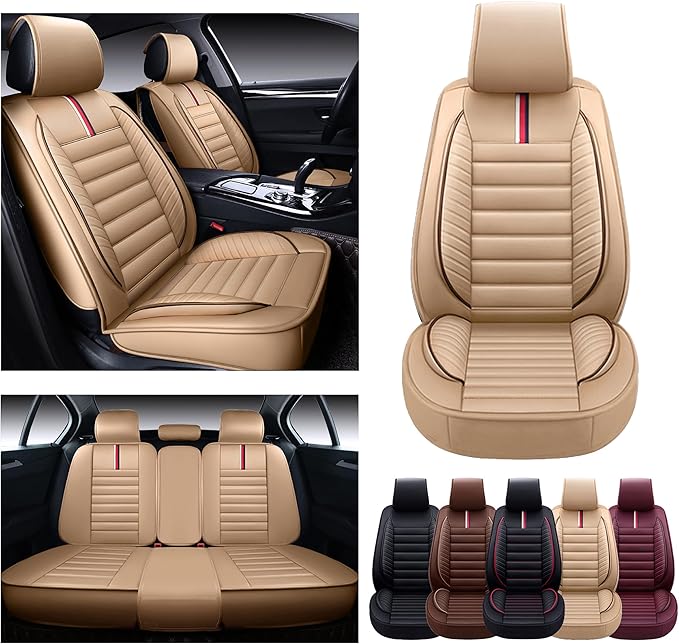 OASIS AUTO Car Seat Covers Premium Waterproof Faux Leather Cushion Universal Accessories Fit SUV Truck Sedan Automotive Vehicle Auto Interior Protector Full Set (OS-001 Tan)