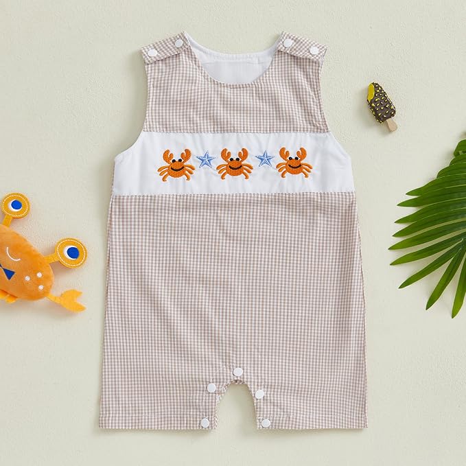 Newborn Baby Boys Sleeveless Seersucker Romper One Piece Straps Overalls - Image 2