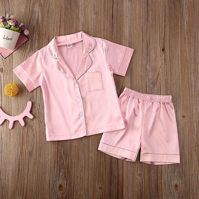 Kids Baby Girl Boy Satin Pajamas Set Button Down Sleep Shirt Top+Long Pants - Image 3