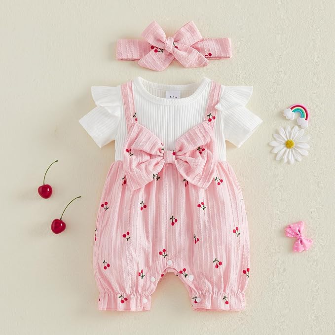 YINGISFITM Newborn Baby Girl Summer Clothes Short Sleeve Bubble Romper Bow - Image 5