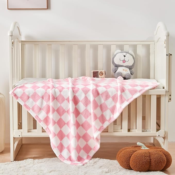 Yurhap Checkered Baby Blanket for Girls Pink Fleece Baby Blankets for Girls Boys - Image 6