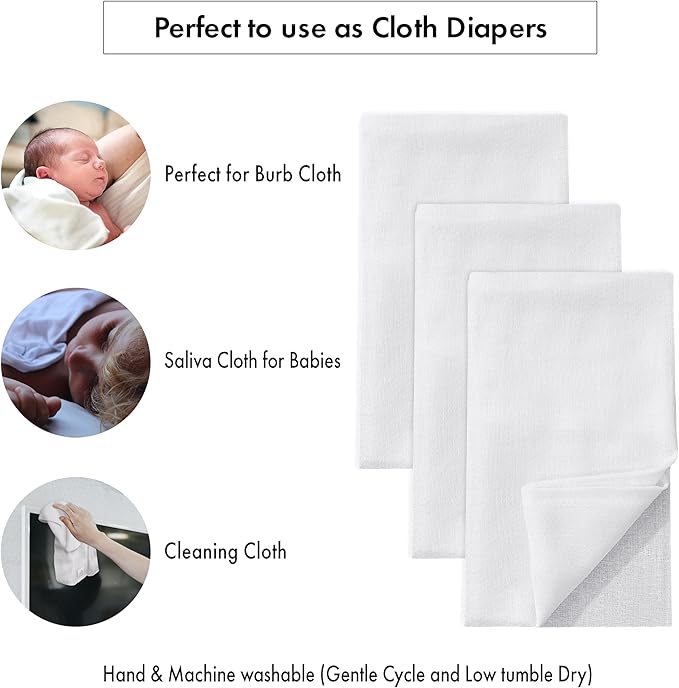 RUVANTI Unisex Birdseye Flat-Fold Cloth Diapers for Babies 10 Pack, 100% Cotton Reusable Diaper Inserts 23x23 Inches, White