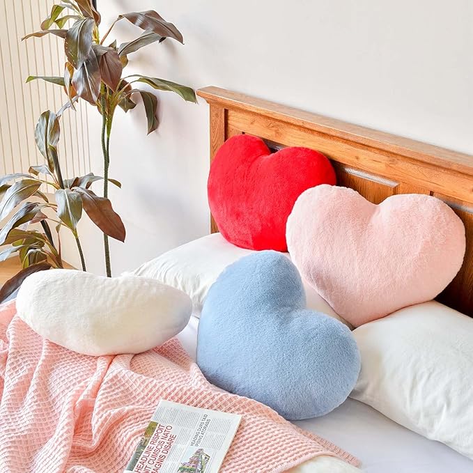 Dusty Blue Heart Pillows, Cute Heart Decorative Pillow, Heart Shaped Throw Pillows for Bed, Faux Rabbit Fur Plush Hoom Decor Pillow Cushion for Chair Sofa Living Room (Mini 12.9" x 9.8")