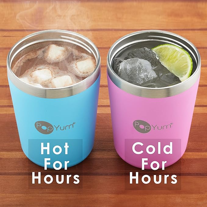 PopYum 9oz Insulated Stainless Steel Kids’ Cups with Lid and Straw, 2-Pack, Purple, Pink, stackable, sippy, baby, child, toddler, tumbler, double wall, vacuum, leak proof
