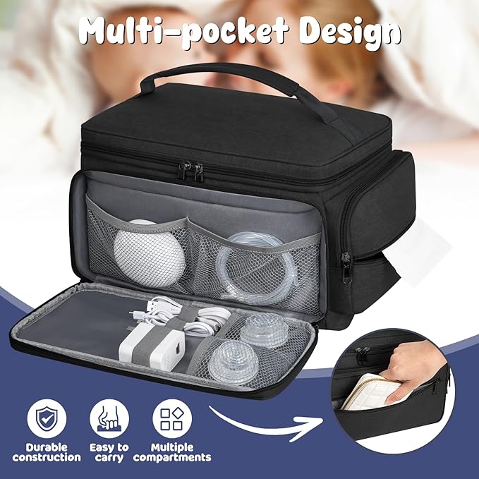 Breast Pump Bag for Spectra S1 S2, Pumping Bag with Waterproof Mat for Pumps Accessories, Portable Pump Carrying Case for Work, Travel and Family Use, Black