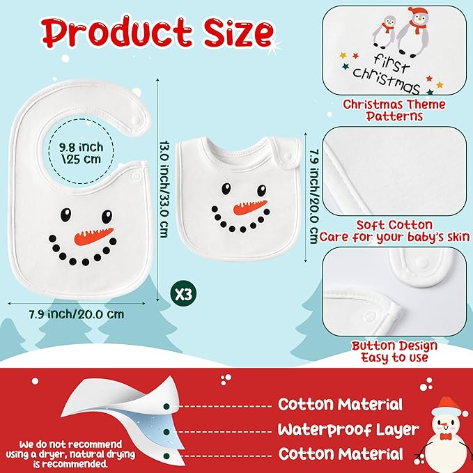 3Pcs Christmas Baby Cotton Bibs with Resin Button Newborn Infant Bibs Christmas Keepsake Baby Gift for Drooling Feeding