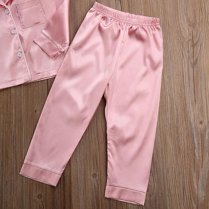 Kids Baby Girl Boy Satin Pajamas Set Button Down Sleep Shirt Top+Long Pants - Image 8