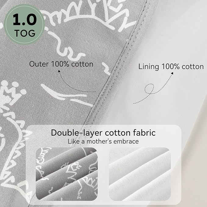 Baby Sleep Sack 0-6 Months 1.0 Tog Baby Wearable Blanket 100% Cotton Sleeping Sack with 2-Way Zipper for Infant Newborn Gray White Dinosaur