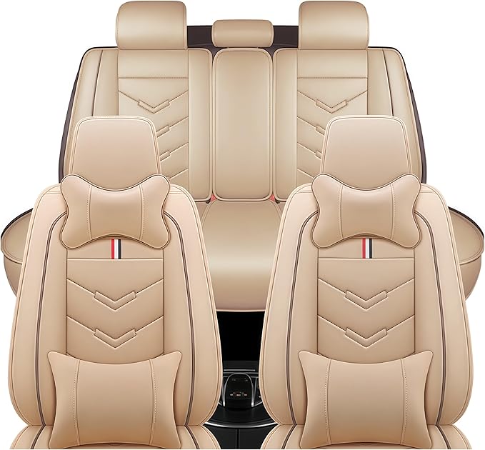 Leather Car Seat Covers Fit for LR LR4 2009-2016, 5 Seater Waterproof and Wear-Resistant Seat Cover Interior Accessories(Full Set with Pillow,Beige)