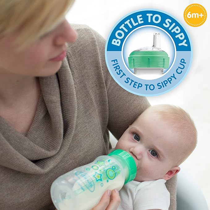 Dr. Brown’s Anti-Colic Options+ Wide-Neck Sippy Bottle Starter Kit, 9oz/270mL, with Level 3 Medium-Fast Flow Nipple and Soft 100% Silicone Sippy Spout, Green, BPA Free, 6m+