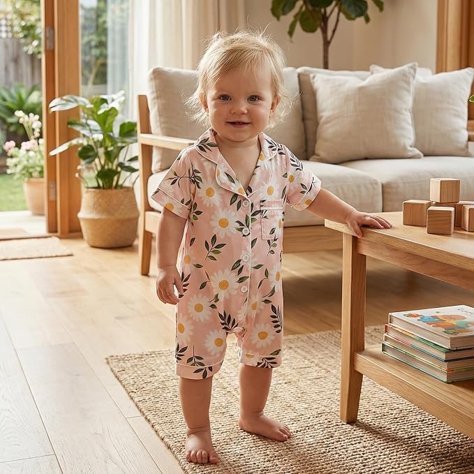 Kuriozud Baby Girl Boy Romper Pajamas Onesie Short Sleeve Button Down Pjs - Image 2