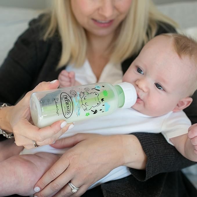 Dr. Brown's Natural Flow Anti-Colic Options+ Narrow Baby Bottle, Pig & Frog, 8 oz/250 mL, with Level 1 Slow Flow Nipple, BPA Free, 0m+, 2-Pack