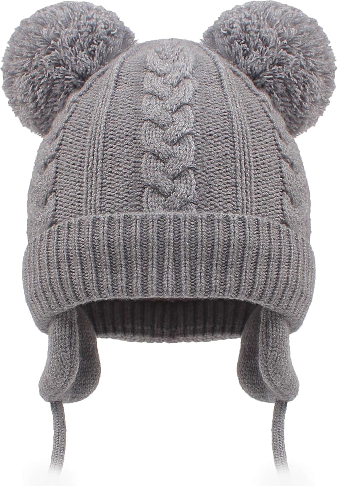Duoyeree Toddler Winter Hat, Earflap Double Pom Pom Knit Beanie 0-36M by Duoyeree