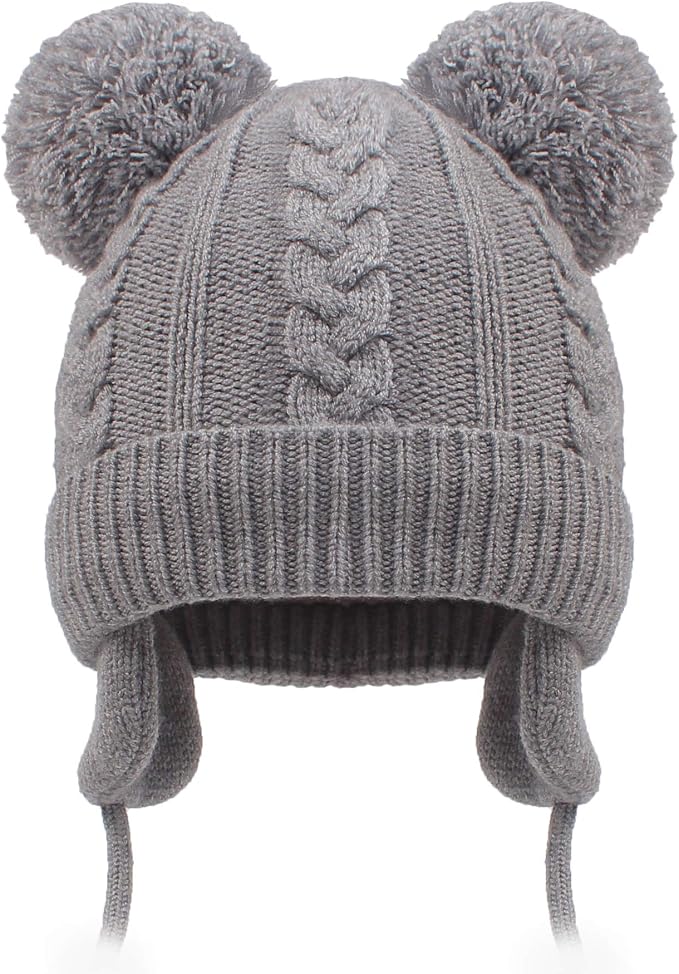 Duoyeree Toddler Winter Hat, Earflap Double Pom Pom Knit Beanie 0-36M by Duoyeree