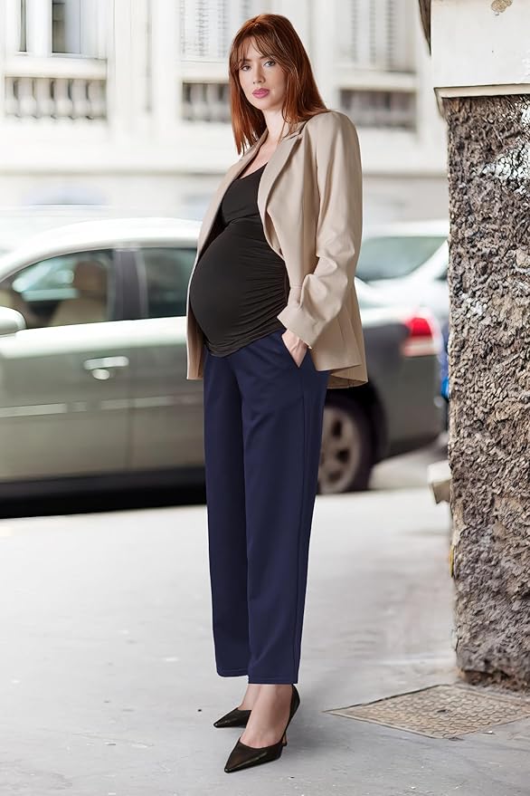 OUGES Womens Stretchy Maternity Over Belly Casual Work Straight Leg Pants Ankle Business Office Trousers with Pockets