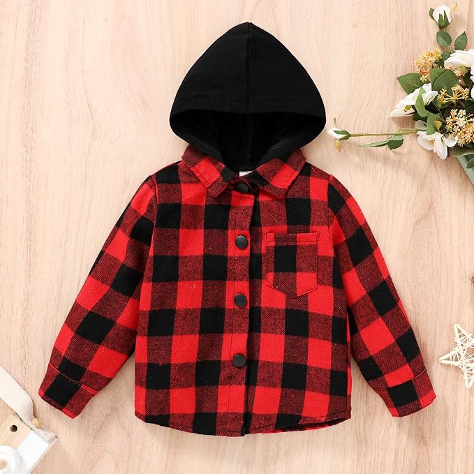 YOUNGER STAR Toddler Kids Boys Girls Flannel Hooded Plaid Shirt Button Baby Red - Image 3