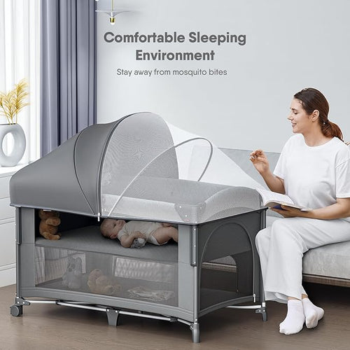 4 in 1 Baby Bassinet, Pack and Play, Bedside Crib Sleeper, Diaper Changer - Comes with Mattress, Mosquito Net, Bottom Storage and Toy Bar for Newborn to Toddles