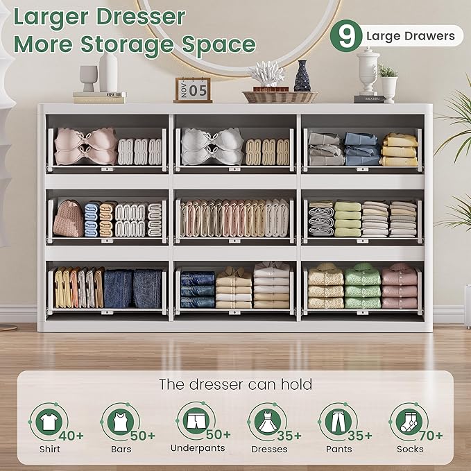 White 6 Drawers Double Dresser, Fluted Dresser for Bedroom, Modern Chest of Drawers with Handleless, Curved Profile Dressers TV Stand, Wood Storage Organizer for Living Room, Hallway