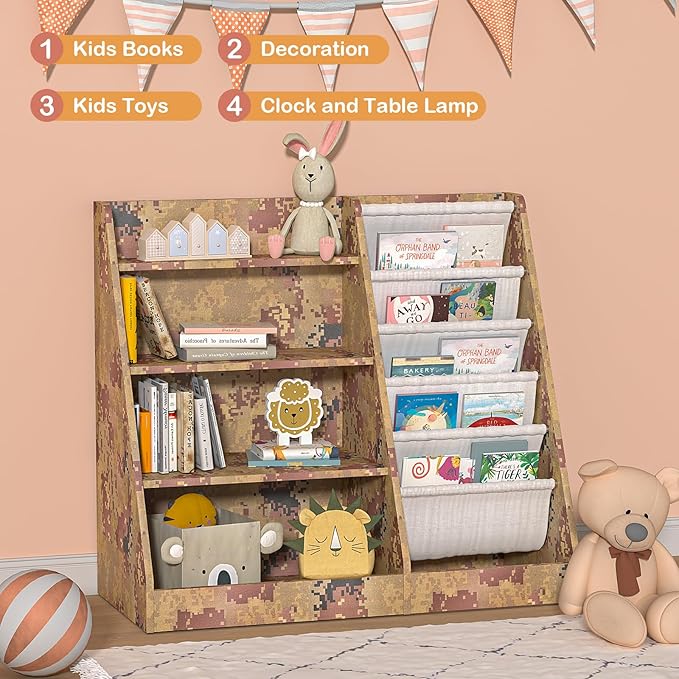 4 Tier Kids Bookshelf Wooden, Five Layer Sling Children Bookcase, Baby Toddler Storage Book Rack, Book and Toy Organizer Cabinet Chest, Book Display Shelf Stand, Playroom Nursery Classroom Library