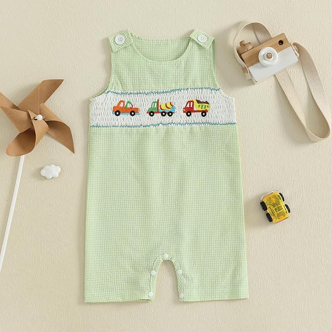 Newborn Baby Boys Sleeveless Seersucker Romper One Piece Straps Overalls - Image 2