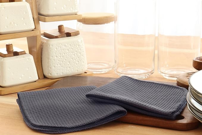 PurpleEssences Dish Cloths and Dish Rags - 6 Pack Waffle Weave Solid Kitchen Dish Wash Cloths, 100% Cotton, 12 x 12 Inches, Ultra Soft Absorbent Quick Drying -Fall Thanksgiving - Dark Grey