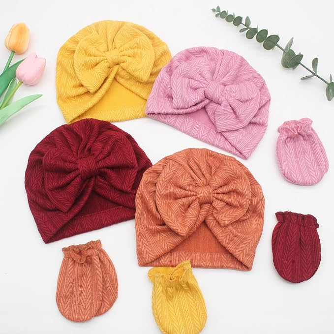 4 Pcs Newborn Hats Mittens Set Infant Cap Bow Hospital Beanie Preemie Hat - Image 2