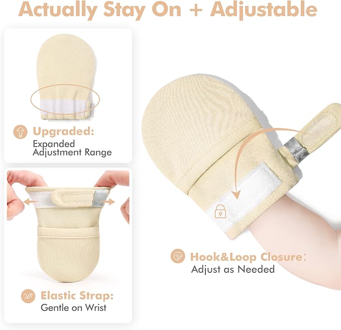 Baby Newborn No Scratch Mittens Stay On, 100% Cotton Adjustable 0-12M | Soft - Image 3