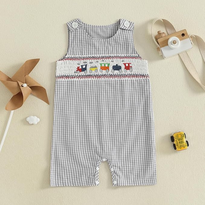 Newborn Baby Boys Sleeveless Seersucker Romper One Piece Straps Overalls - Image 2