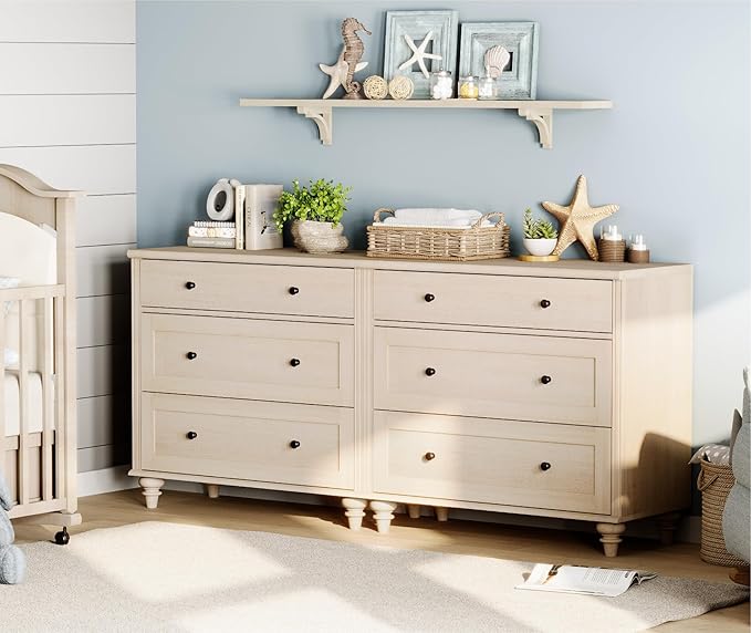 WAMPAT Kids Dresser with 6 Drawers, Baby Dressers with Wide Chest of Drawers, Mid Century Modern Wooden Closet Storage Organizer, Large Wood Dressers for Bedroom, Nursery, Hallway, Beige, 68 inch
