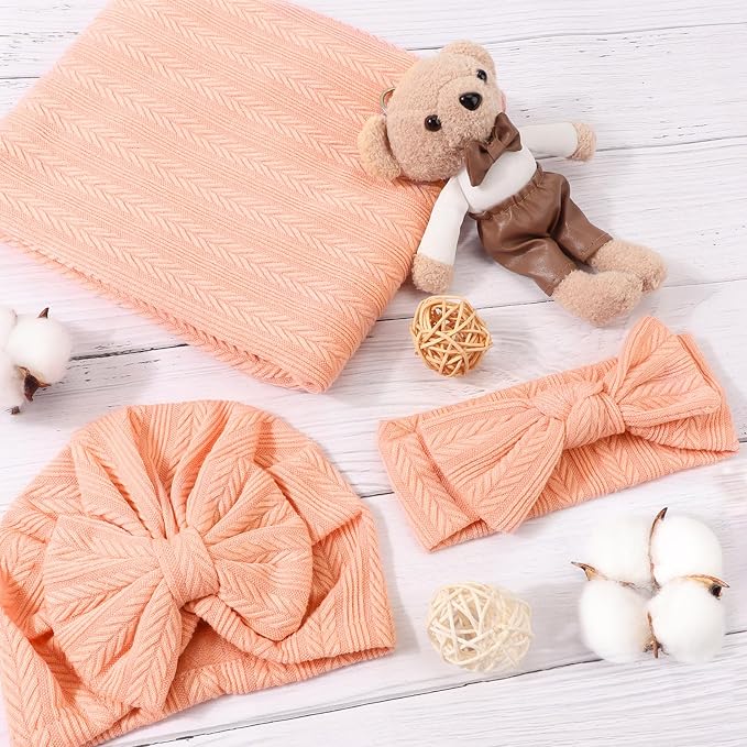 AQOKKA Newborn Receiving Blanket Wheat Ear Bow Hat Hairband Set - Image 2