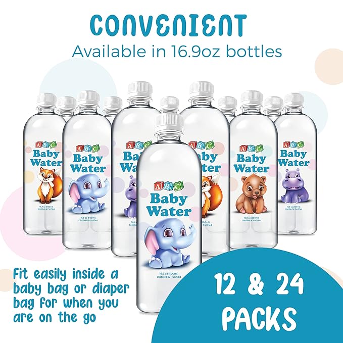 ABC Baby Water Premium Distilled Water for Babies - Healthy Purified 16.9 oz Bottles - Formula, Cereal, Milk, Daily Drinking - 24 Pack