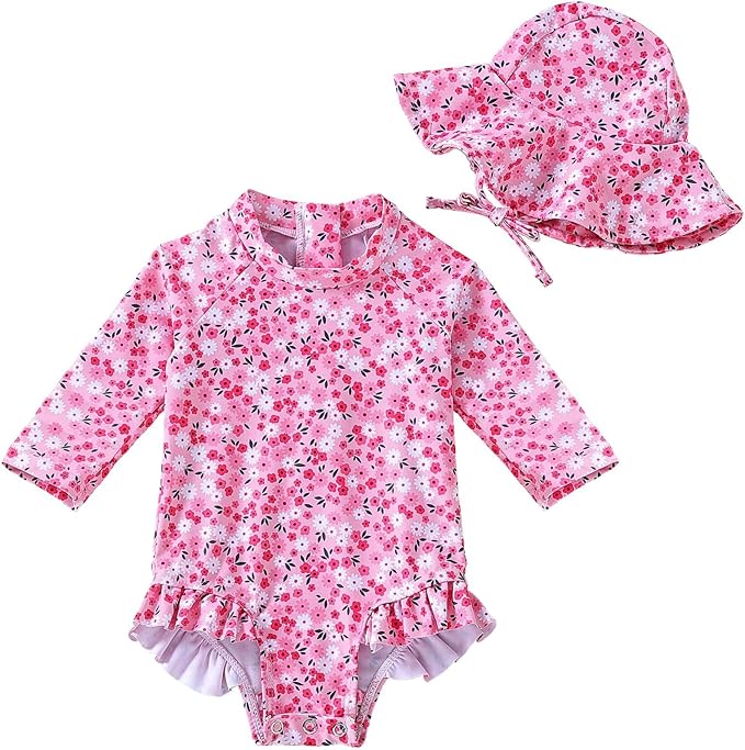 WOLBAY Baby Girl Swimsuit Long Sleeve One Piece Rash Guard with Sun Hat Zipper Bathing Suit Size 0-2T