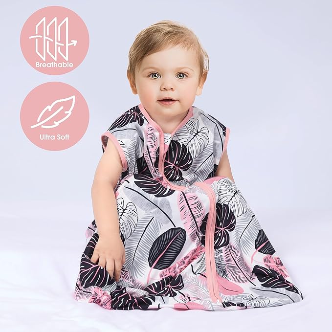 Baby Sleep Sack 0-6 Months 3 Pack Baby Wearable Blanket 100% Rayon Cotton 2-Way Zipper Toddler Sleeping Sack .Comfy Soft Lightweight TOG 0.3 (Banana&Flower&Pink)