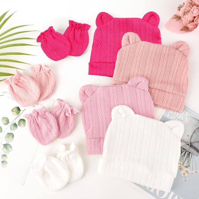 Newborn Baby Hat and Mittens Set Bear Ears Toddler Infant Beanie Caps Newborn - Image 4
