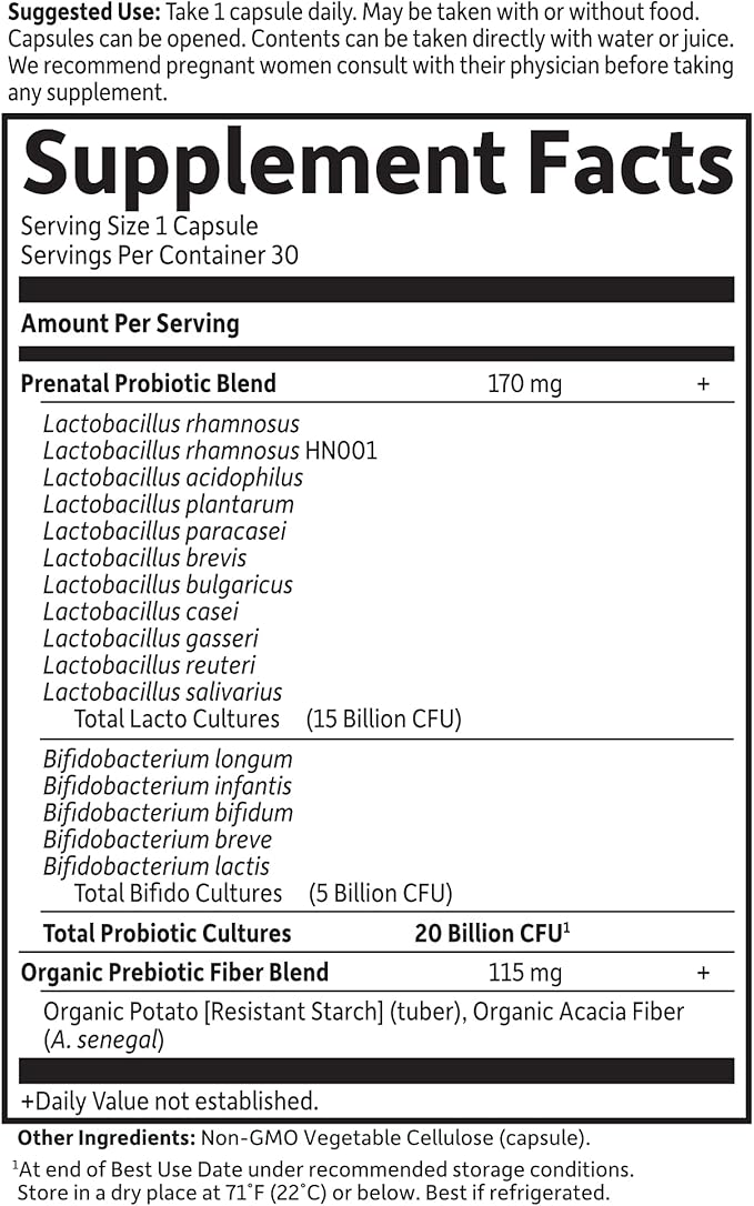 Garden of Life Dr. Formulated Probiotics Once Daily Prenatal - Acidophilus & Bifidobacteria Probiotic Support for Mom & Baby - Gluten, Dairy & Soy Free - 30 Count Vegetarian Capsules