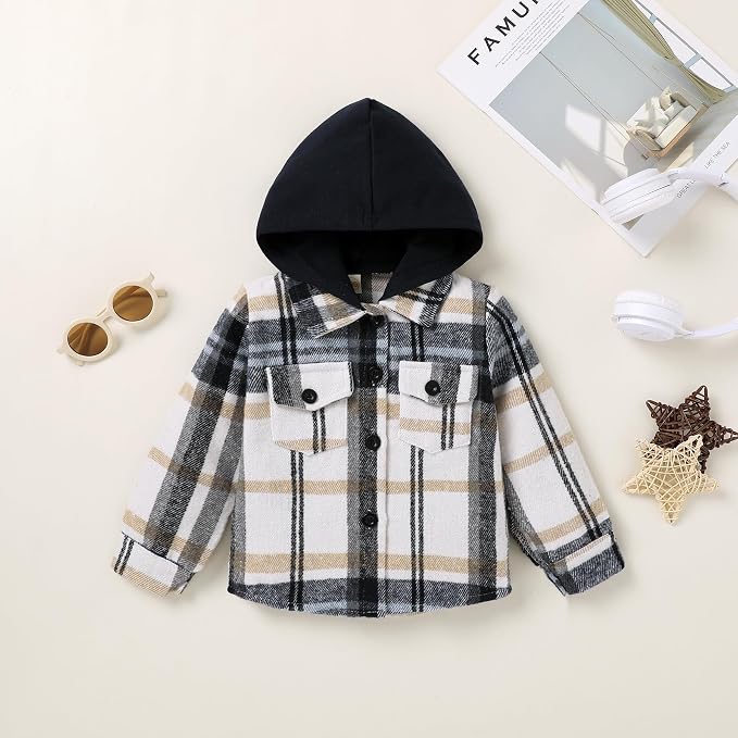 YOUNGER STAR Toddler Kids Boys Girls Flannel Hooded Plaid Shirt Button Baby Red - Image 3
