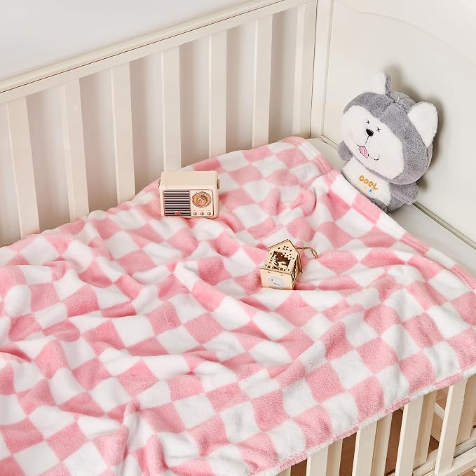 Yurhap Checkered Baby Blanket for Girls Pink Fleece Baby Blankets for Girls Boys - Image 2