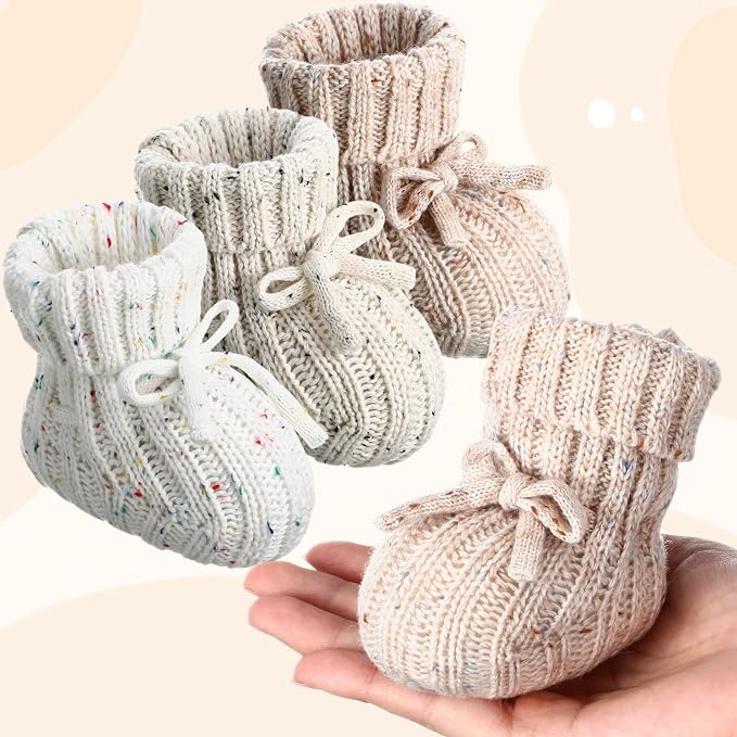 Evervibe 3 Pair Knitted Baby Booties | 100% Cotton, 0-6 Months Newborn - Image 2