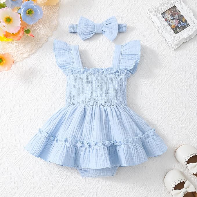 Baby Girl Smocked Romper Dress Ruffle Bow Summer Outfit - Image 3