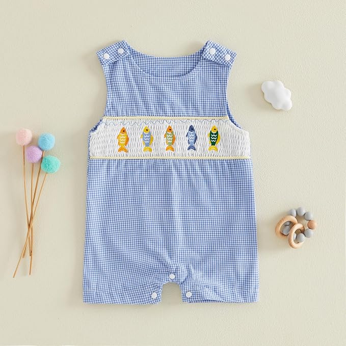 Newborn Baby Boys Sleeveless Seersucker Romper One Piece Straps Overalls - Image 2