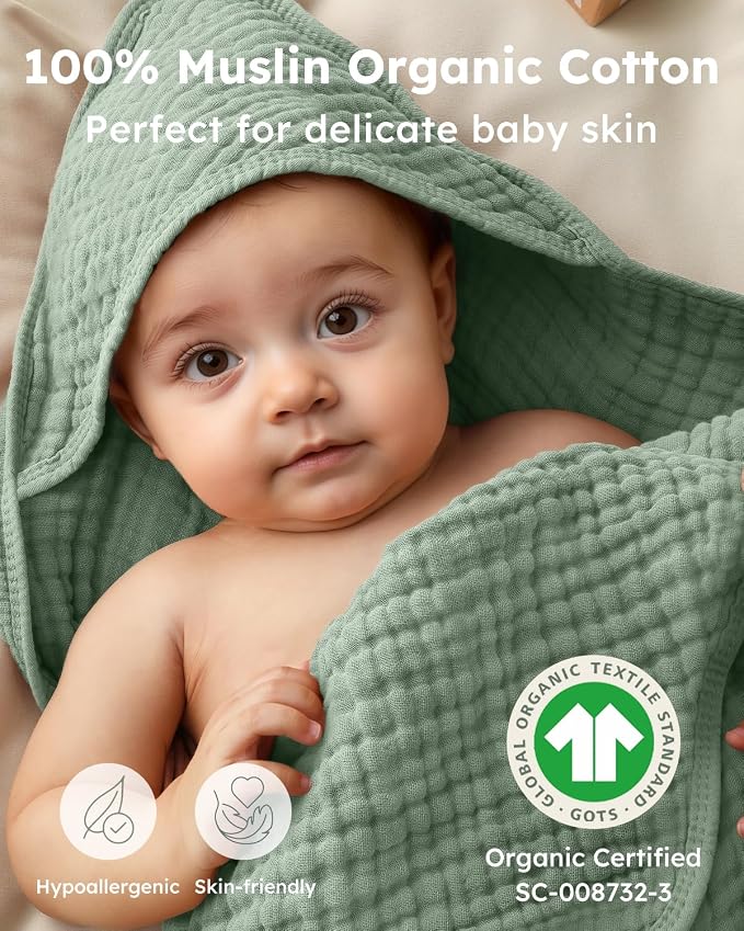Yoofoss Hooded Baby Bath Towels 2 Pack 100% Muslin Organic Cotton - Image 6