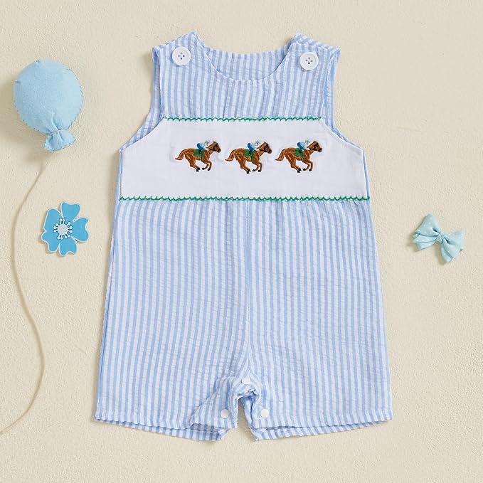 Newborn Baby Boys Sleeveless Seersucker Romper One Piece Straps Overalls - Image 2