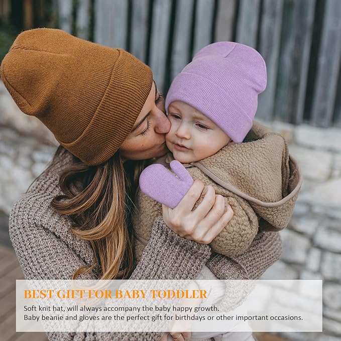 Baby Beanie Hat Gloves Set, Kids Winter Warm Knit Hat - Image 3