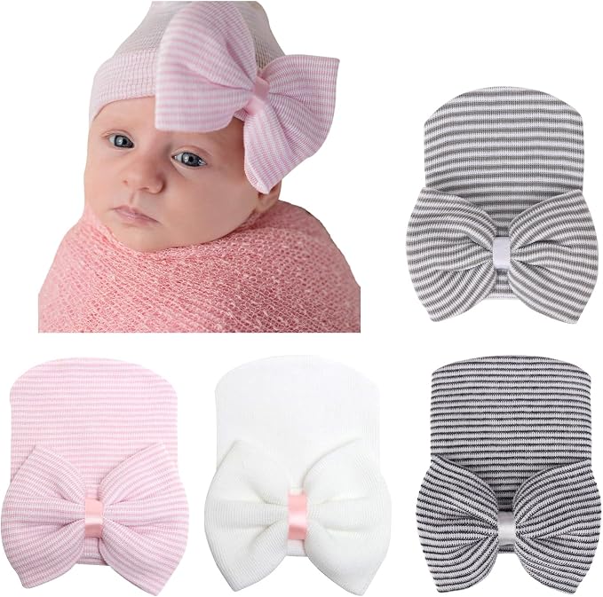 Newborn Baby Girl Hats with Bow No Scratch Cotton Toddler Infant Hat Beanie by AQOKKA